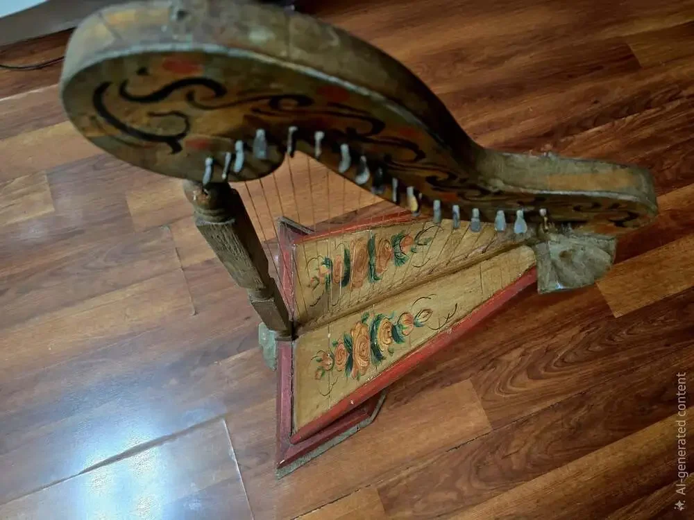 Antique 19thC Folk Art Table Harp Painted Lap Harp Zither Celtic Parlor Instrume